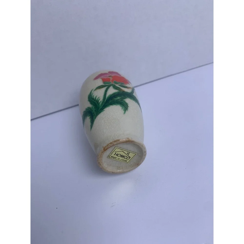 Vintage Homco Miniature Bud Vase Japan Crackle Glaze Floral Pink Orange Poppy 4